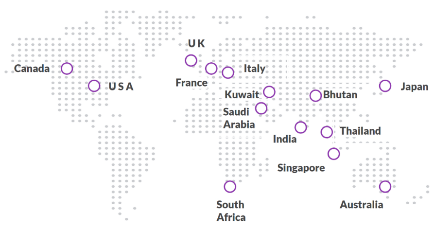 World map showing locations where Zyxware has clients across 5 continents